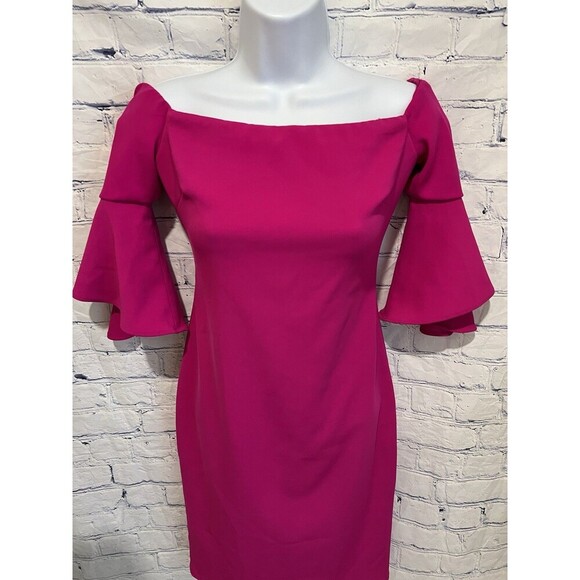 LAUNDRY by SHELLI SEGAL Off Shoulder Crepe Hot Magenta Pink Cocktail Dress 0 - Picture 3 of 7